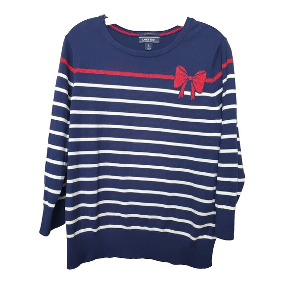 Lands' End 100% Supima Cotton Blue Striped Shimmer Bow 3/4 Sleeve Sweater Sz LGE - Picture 1 of 7